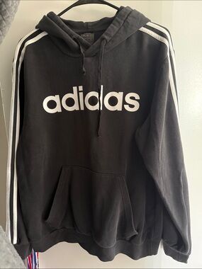 adidas Black Hoodie with White Logo and Stripes